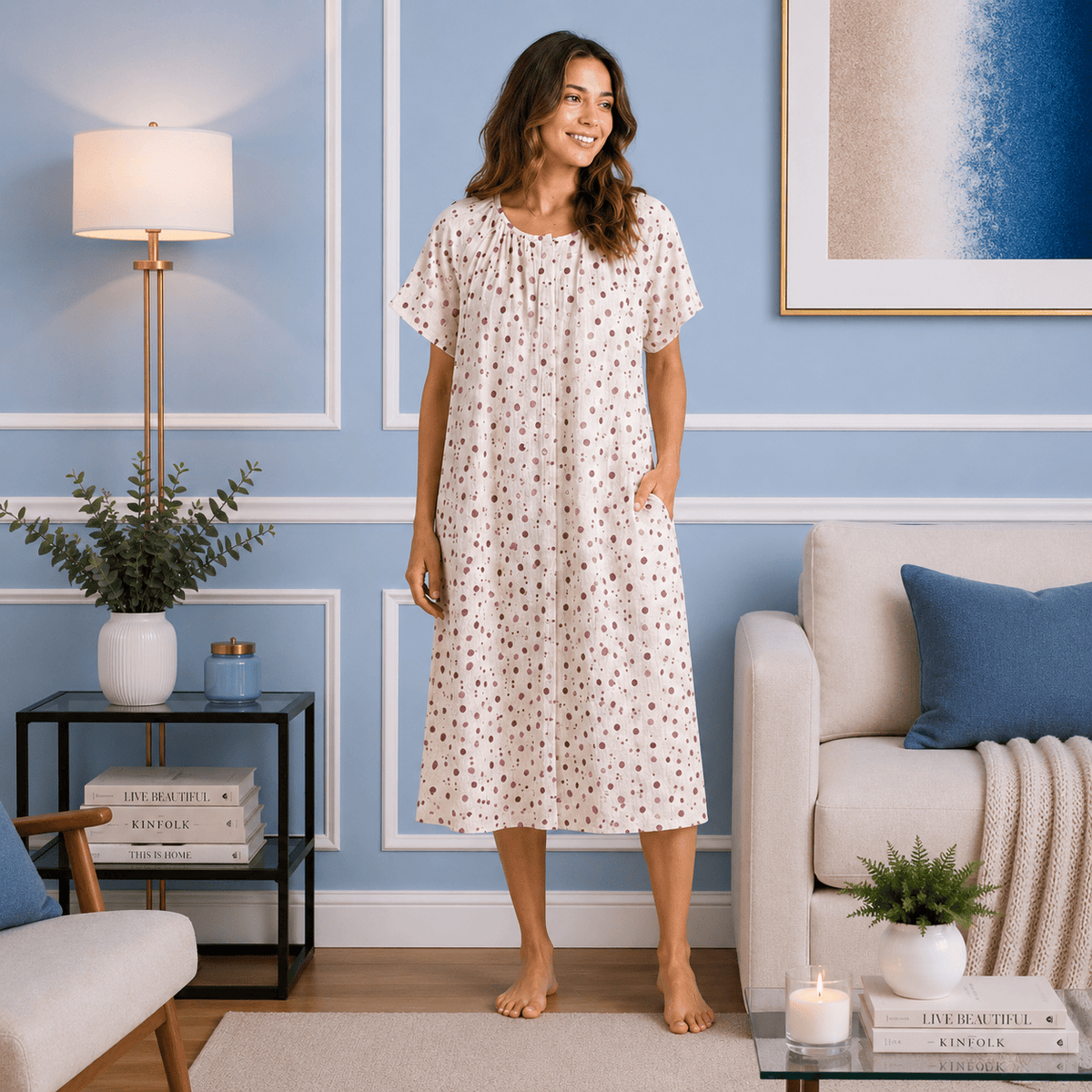 Robe de Chambre Femme Coton Imprimé Manches Courtes Été