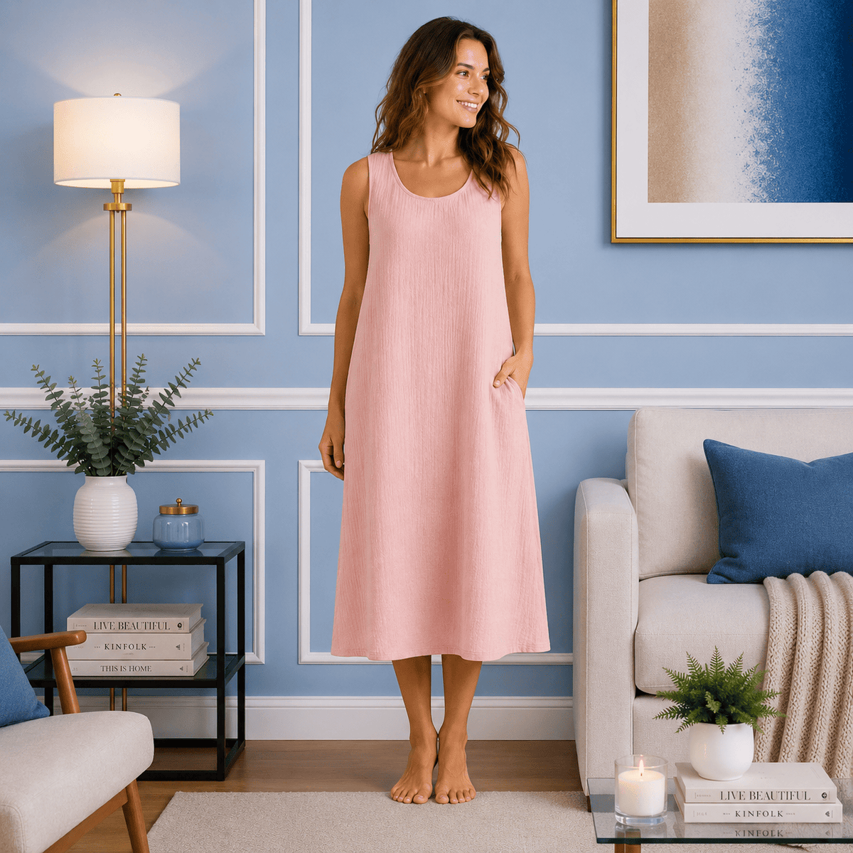 Robe de Chambre Femme Coton Uni Sans Manches