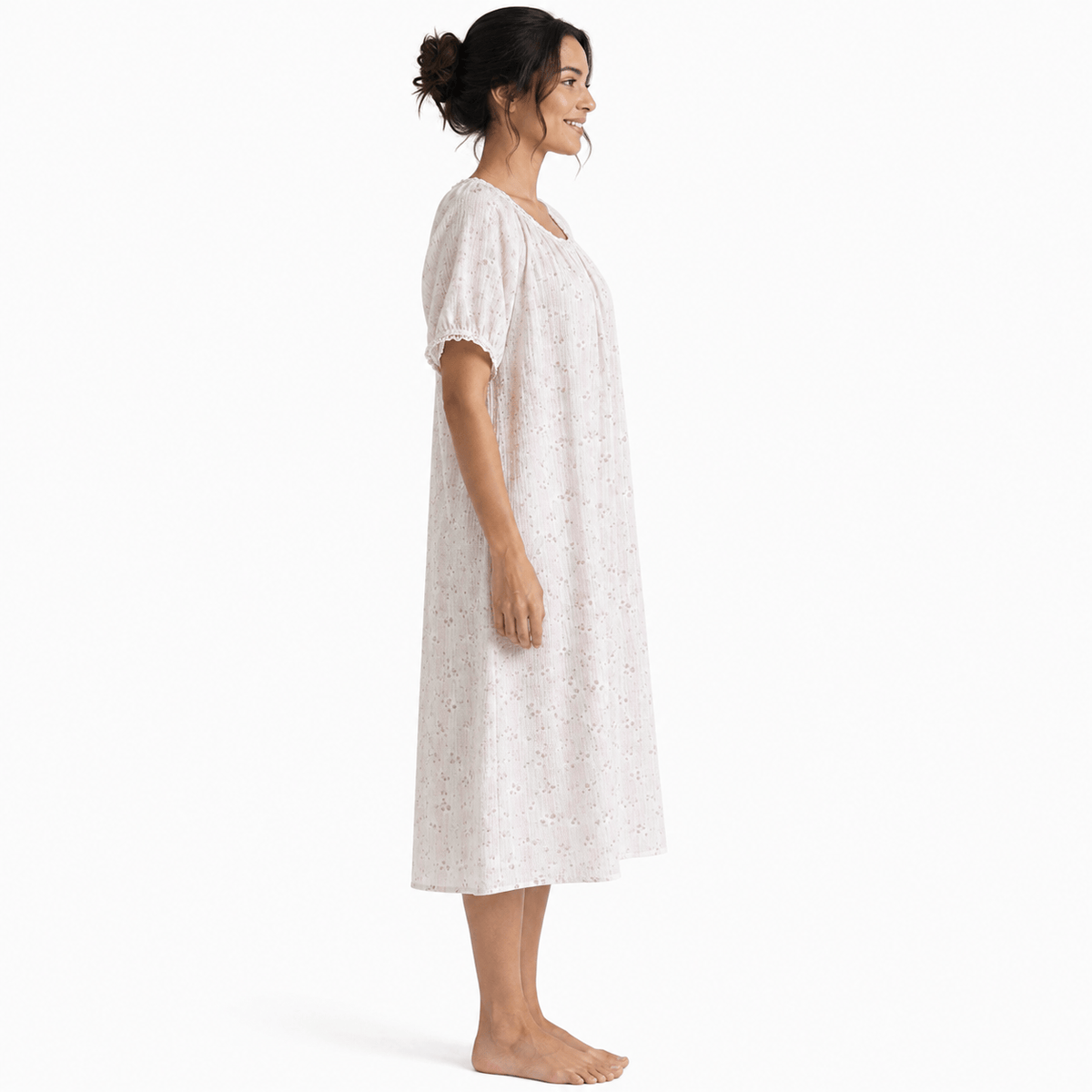 Robe de Chambre Femme Coton Imprimé Fleuri Dentelle
