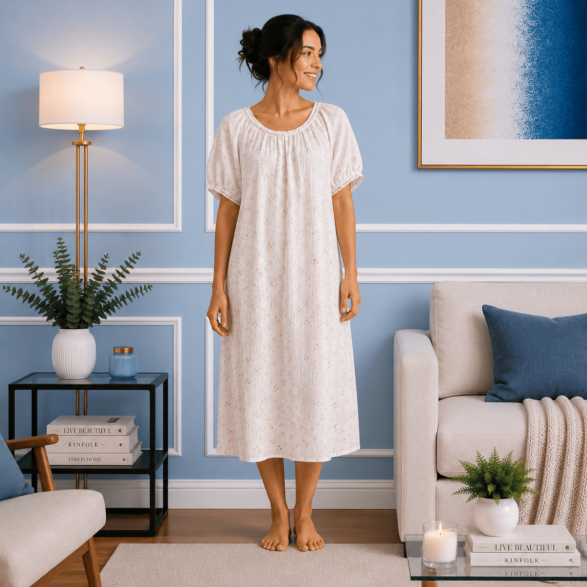 Robe de Chambre Femme Coton Imprimé Fleuri Dentelle