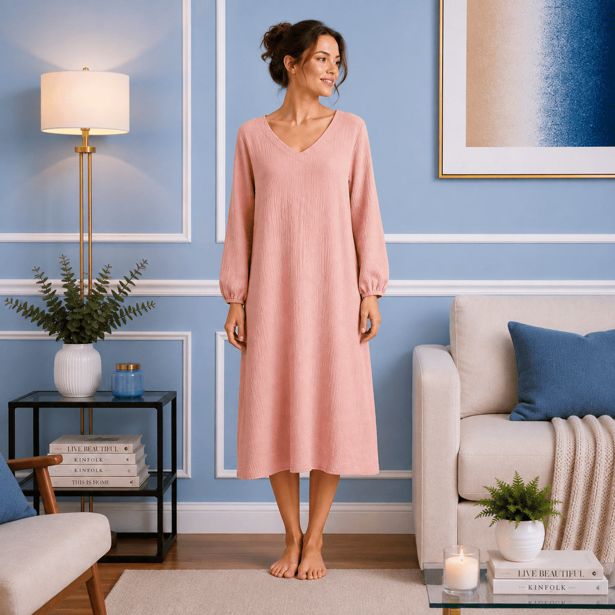 Robe de Chambre Femme Coton Uni Manches Longues