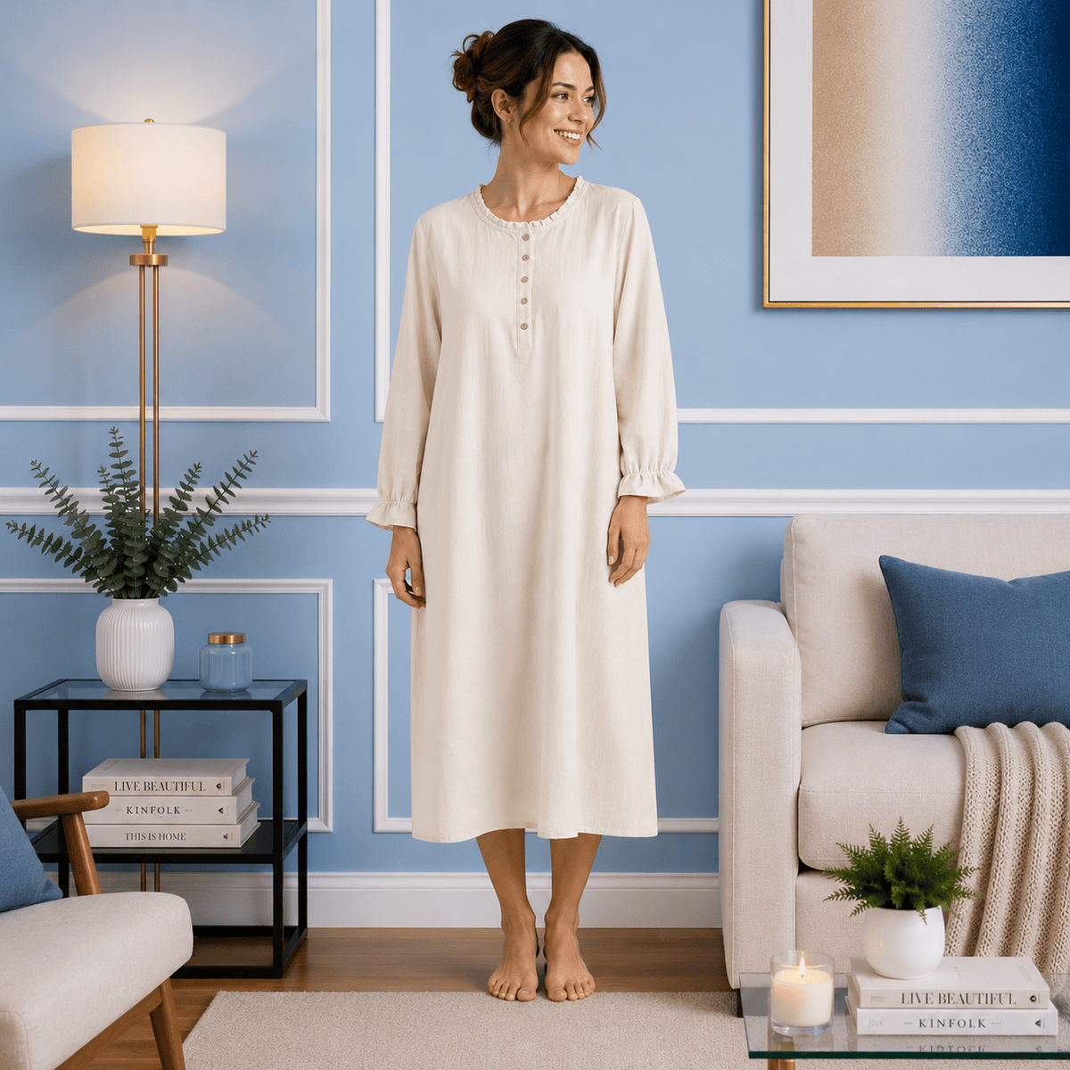 Robe de Chambre Femme Coton Lin Manches Longues Uni