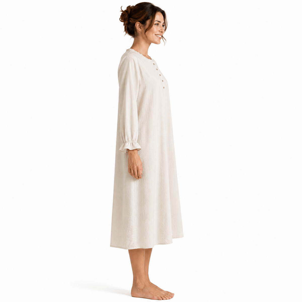 Robe de Chambre Femme Coton Lin Manches Longues Uni