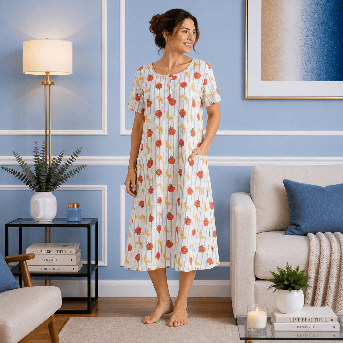 Robe de Chambre Femme Coton Cartoon Manches Courtes