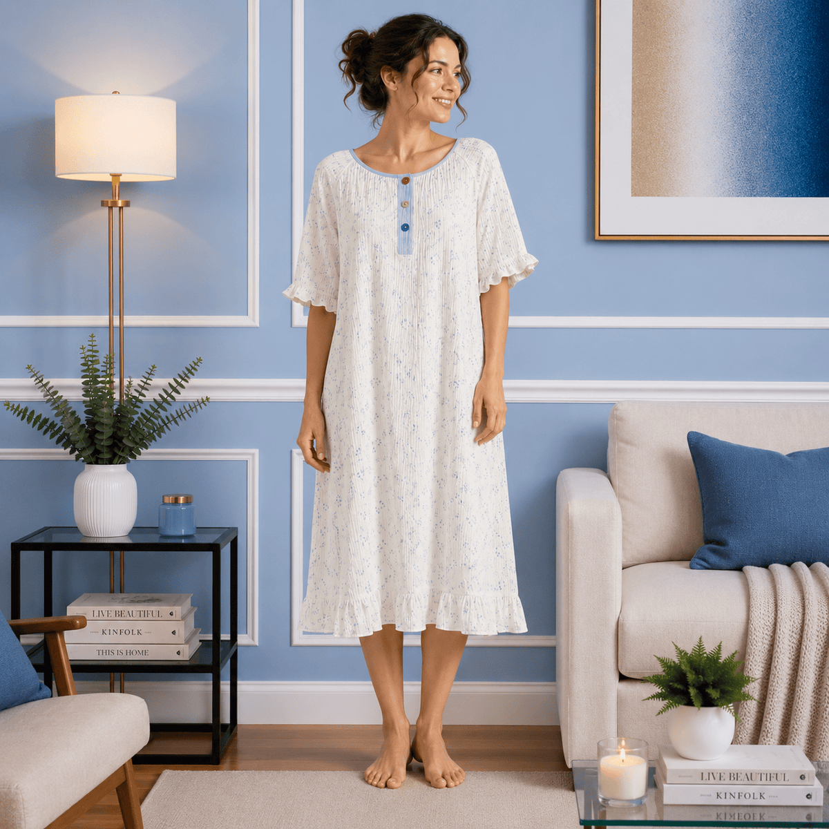 Robe de Chambre Femme Coton Classique Manches Courtes
