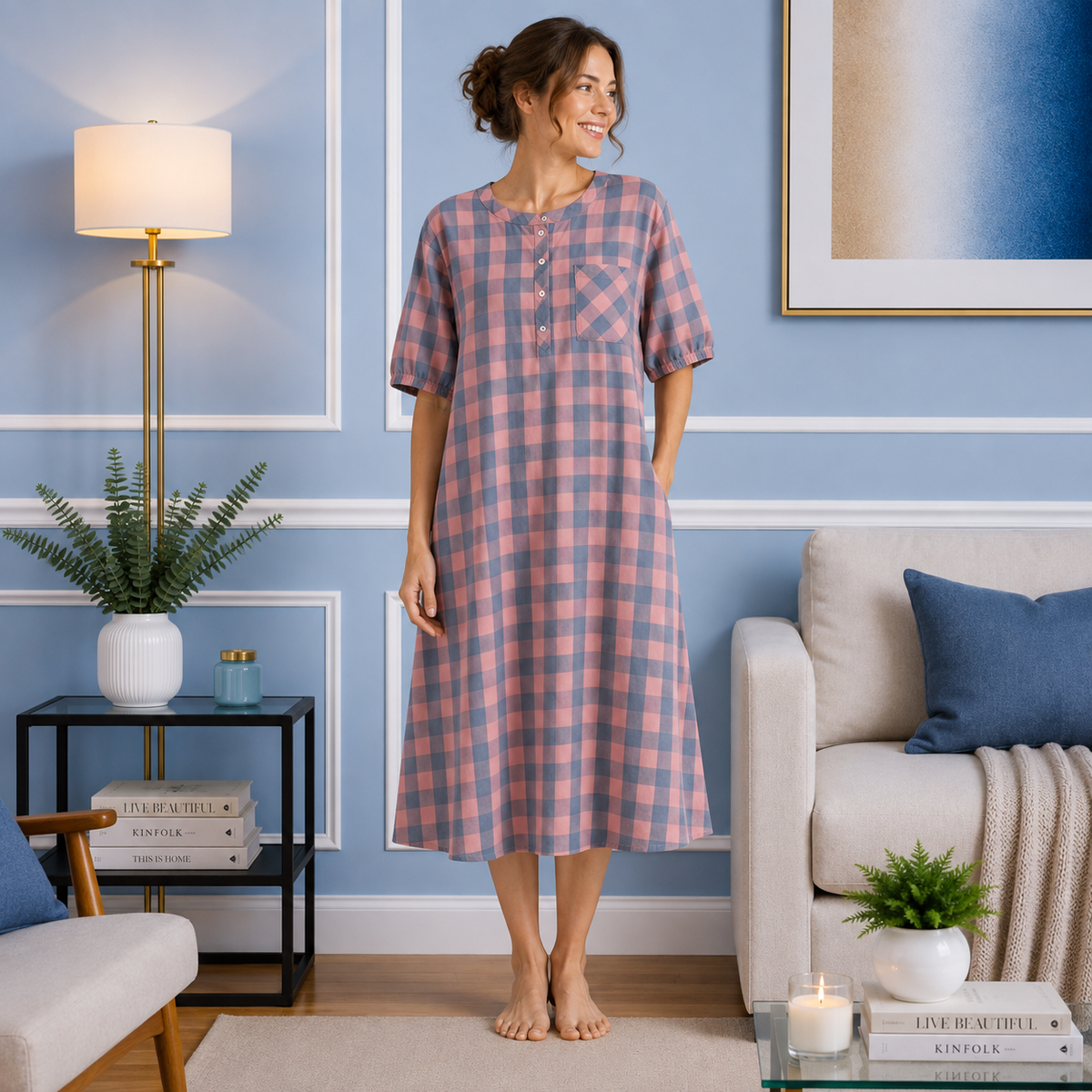 Robe de Chambre Femme Coton Carreaux