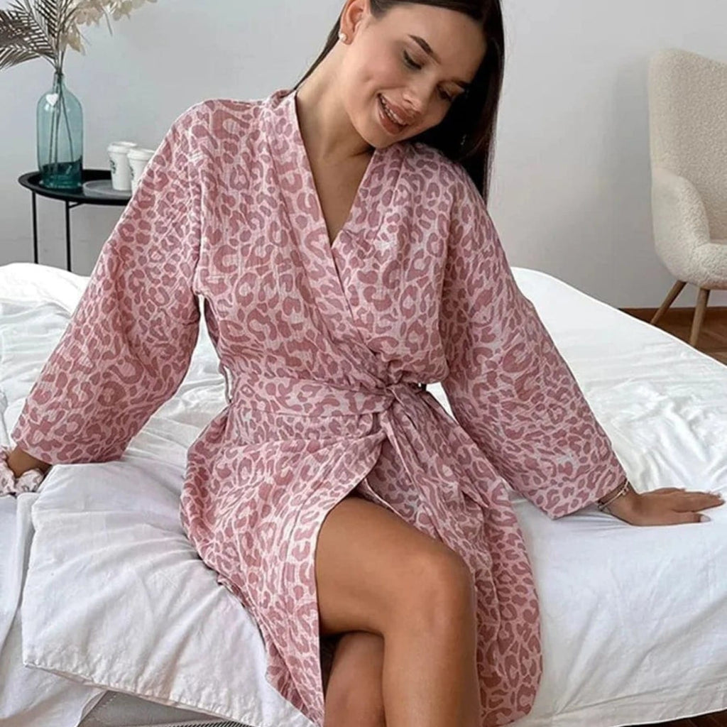 Kimono Coton Femme Léopard Rose