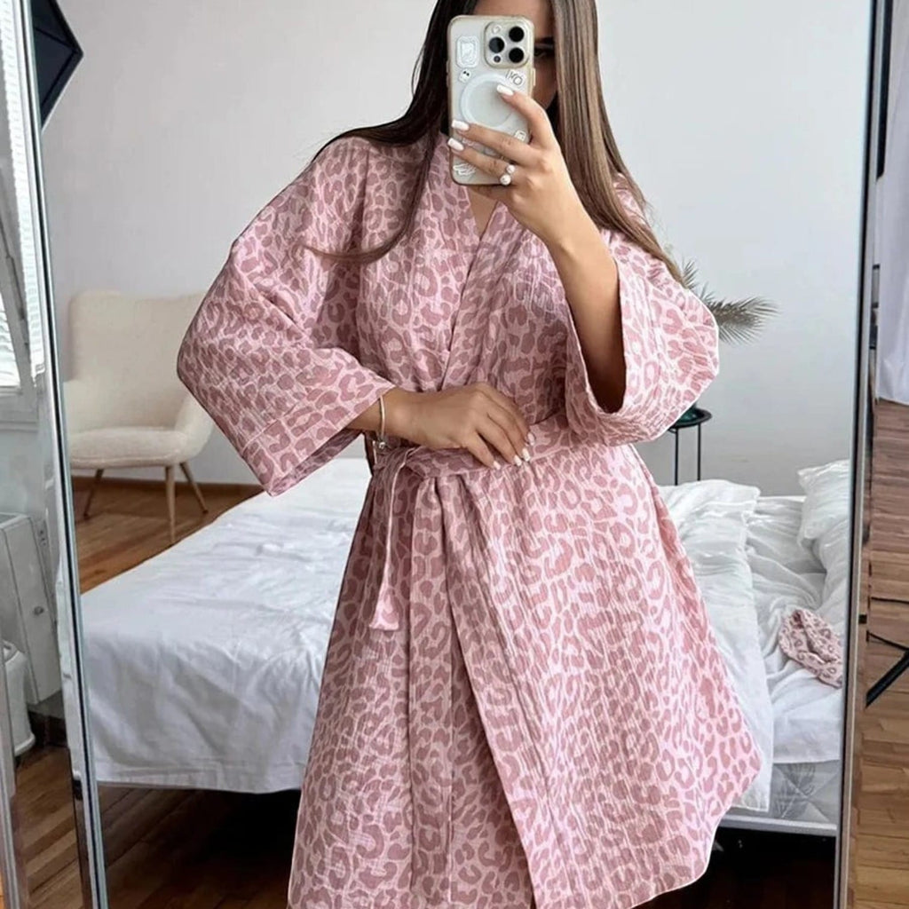 Kimono Coton Femme Léopard Rose