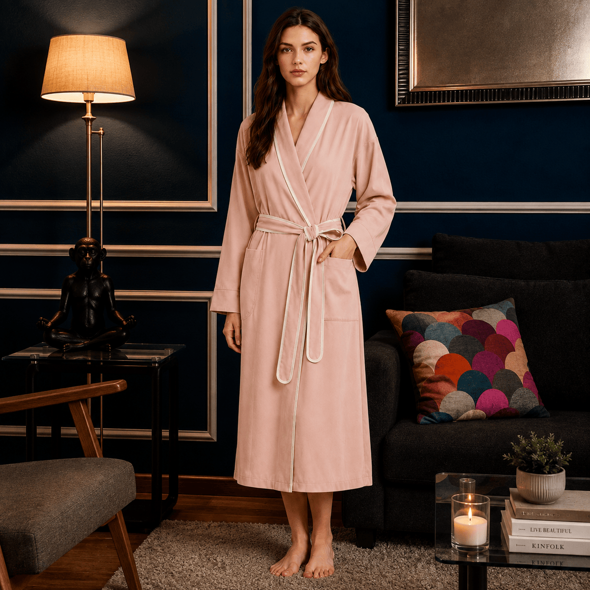Kimono Femme Polaire Patchwork avec Ceinture Hiver