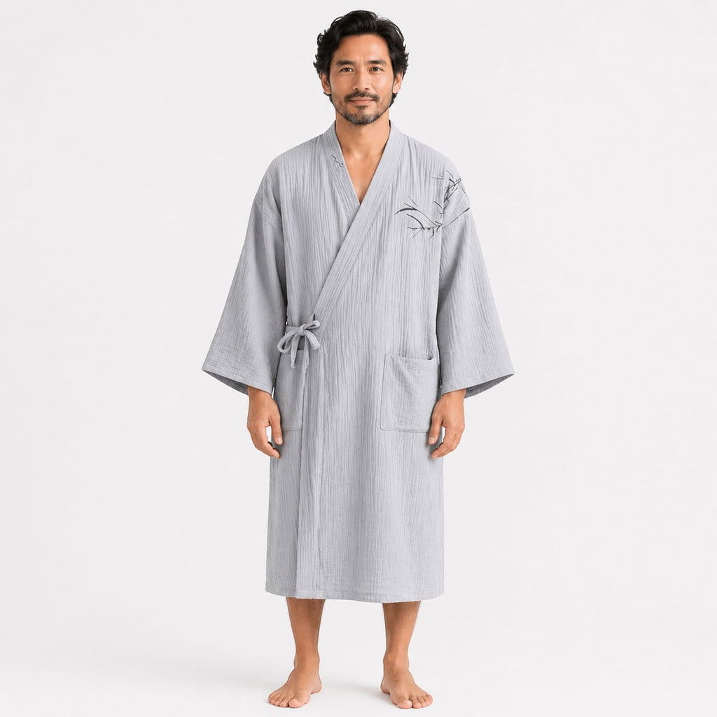 Kimono Homme Coton Brodé Demi-Manches Léger