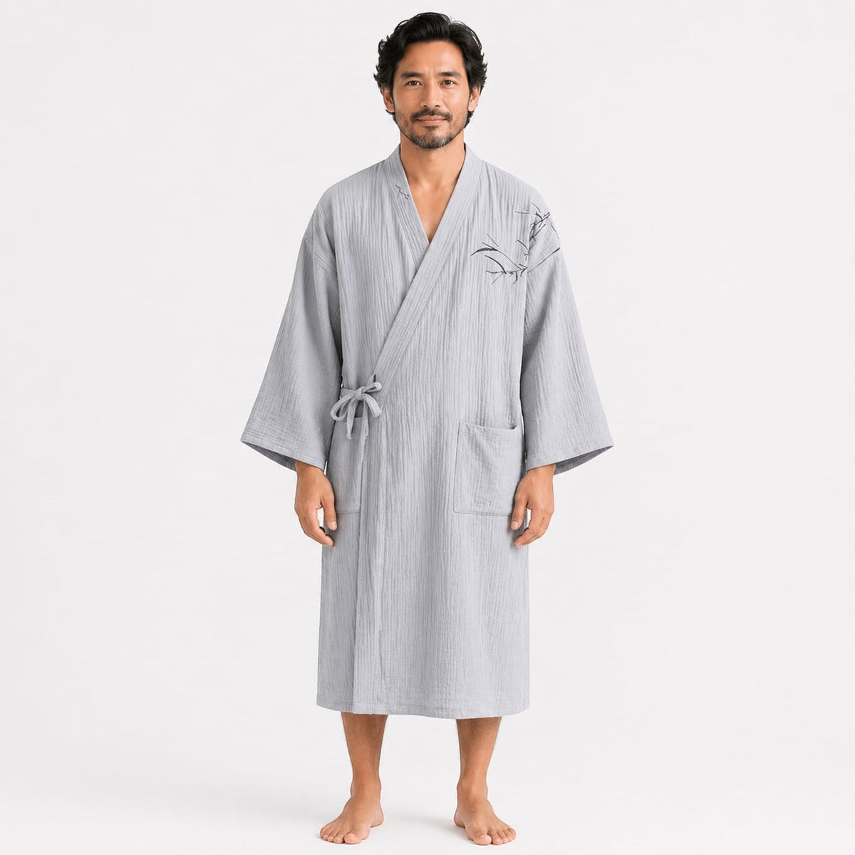 Kimono Homme Coton Brodé Demi-Manches Léger