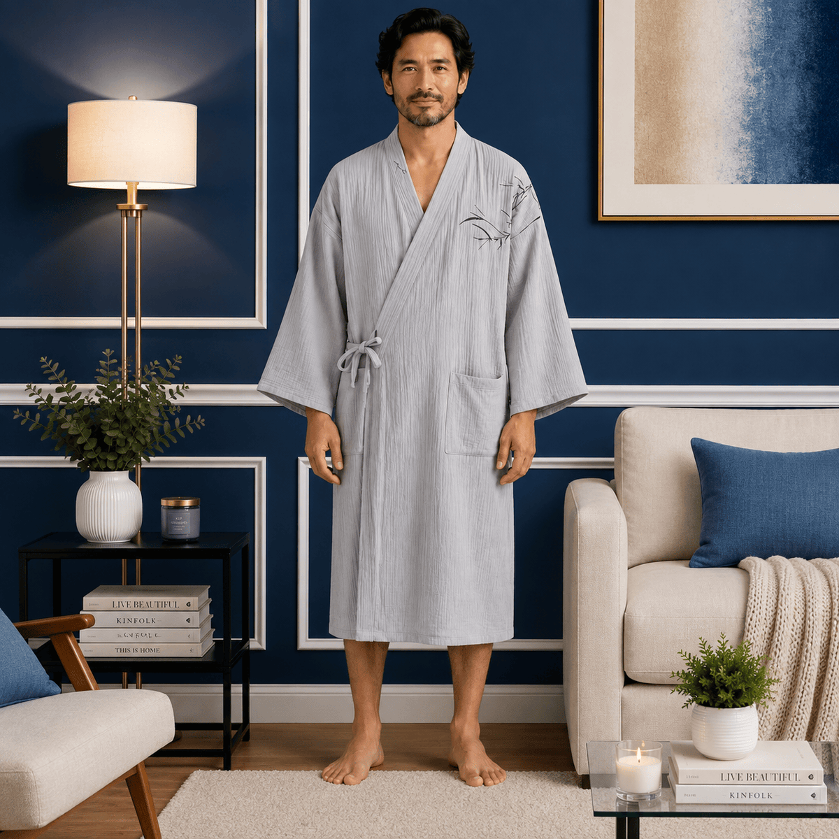 Kimono Homme Coton Brodé Demi-Manches Léger