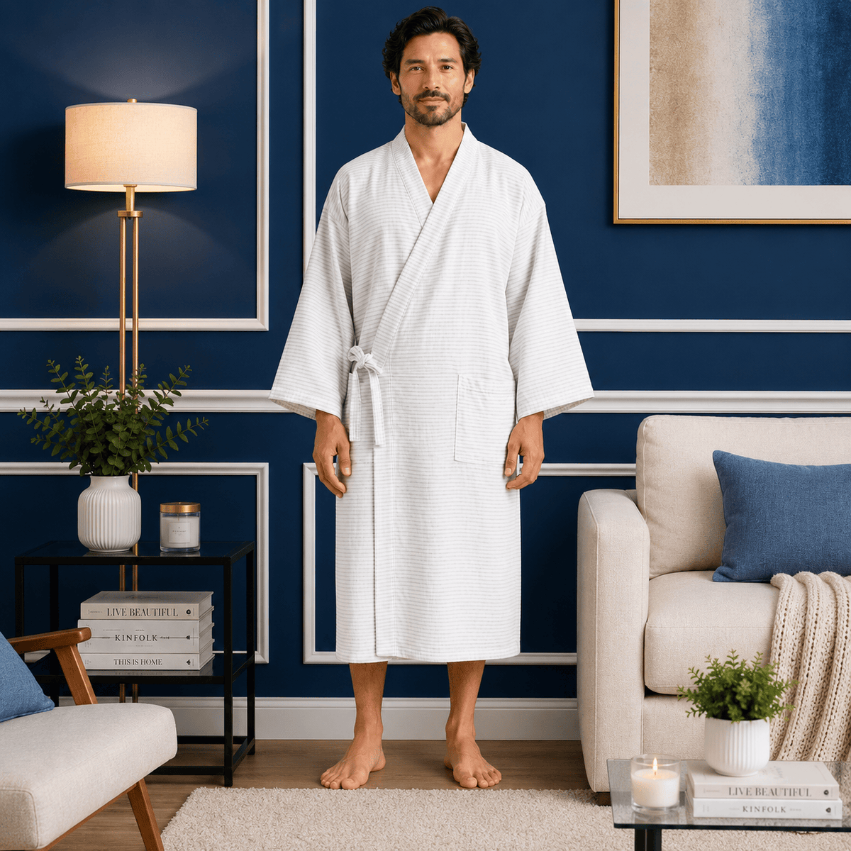 Kimono Homme Coton Rayé Long Grande Taille
