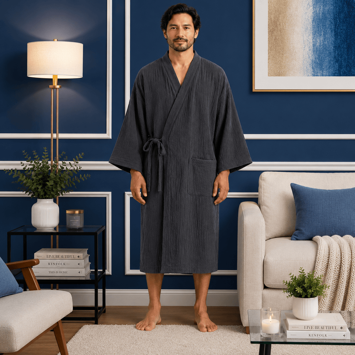 Kimono Homme Gris Grande Taille avec Poches