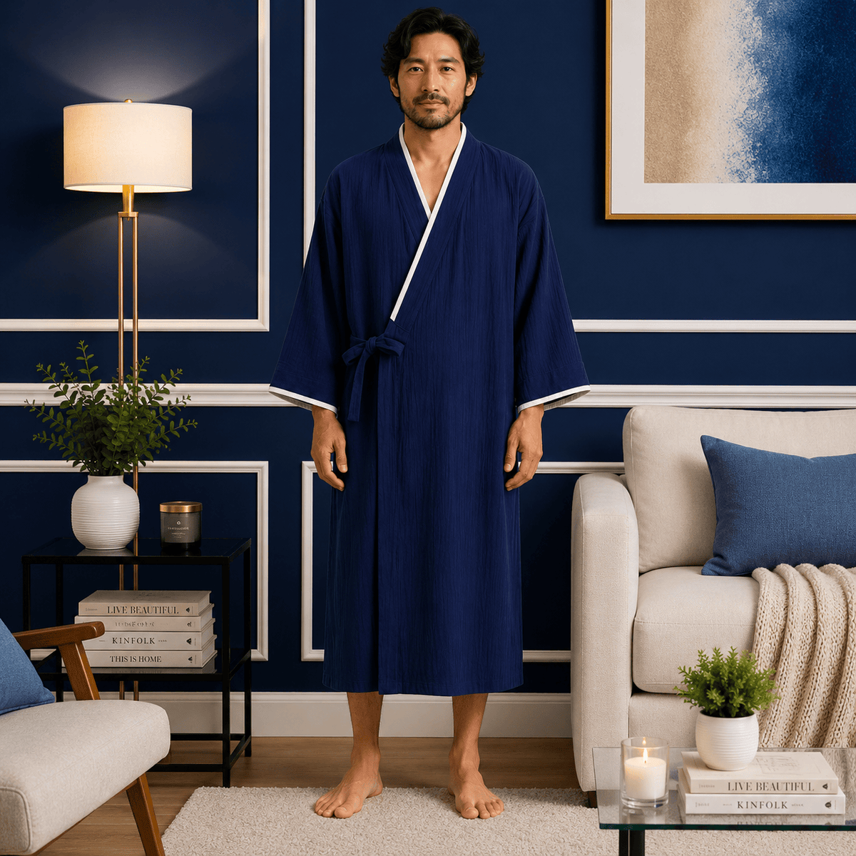 Kimono Homme Japonais Léger Uni Mi-Long