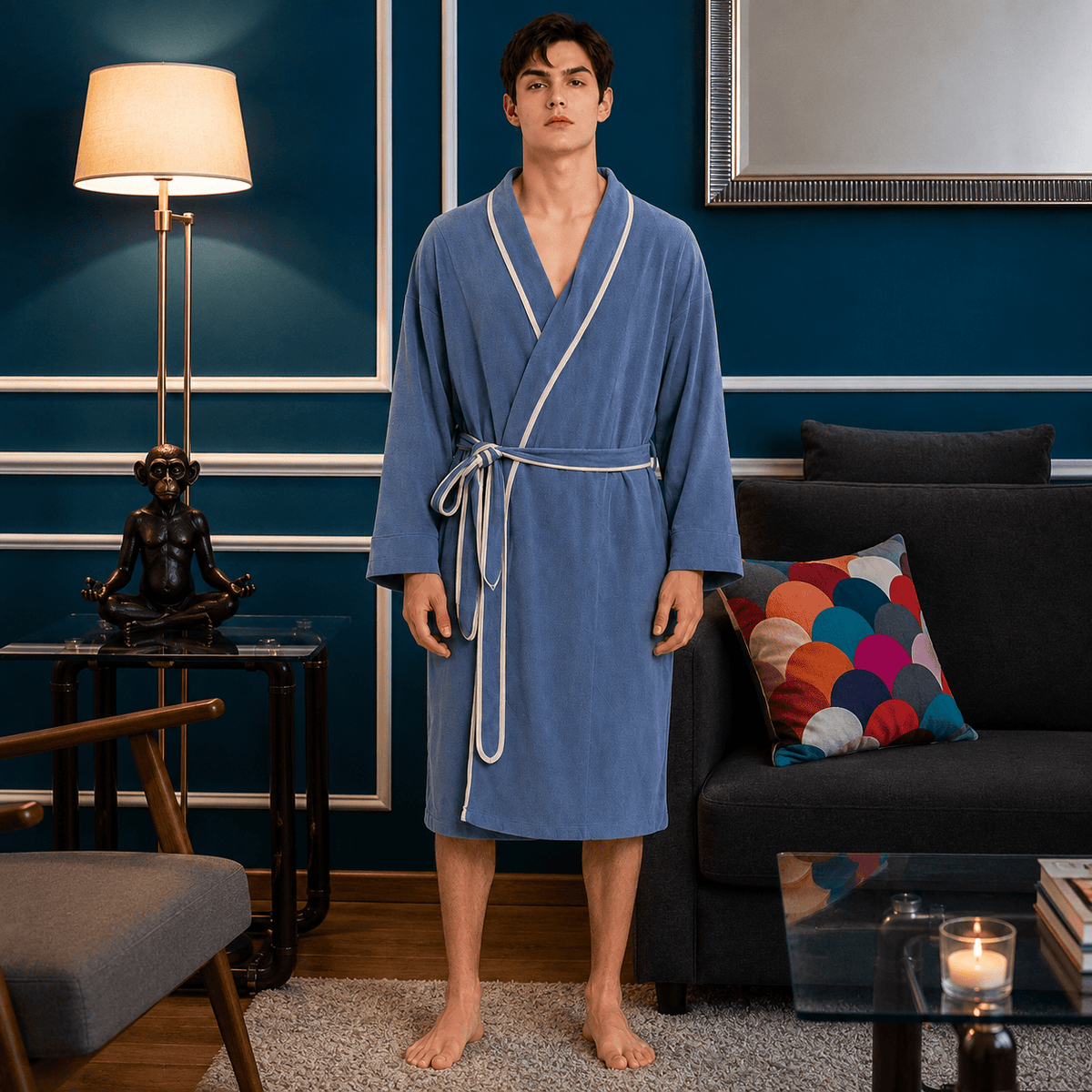 Kimono Homme Polaire Patchwork avec Ceinture Hiver