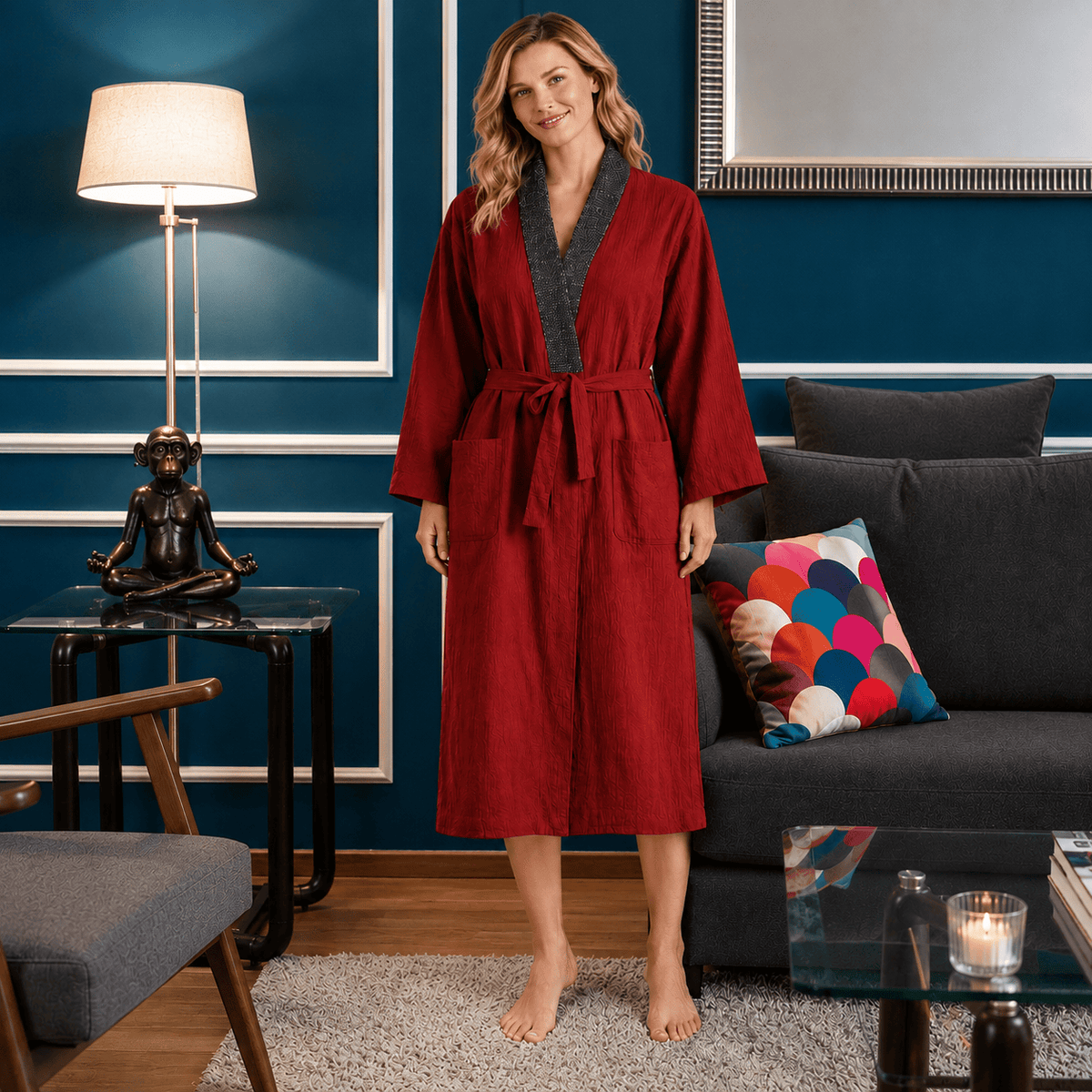 Kimono Japonais Femme Coton Uni Mi-Long Confort