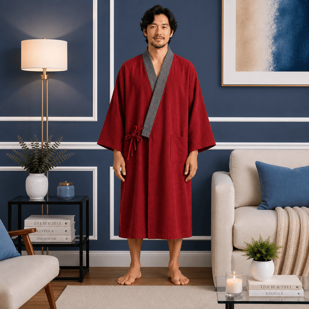 Kimono Japonais Homme Coton Uni Mi-Long Confort