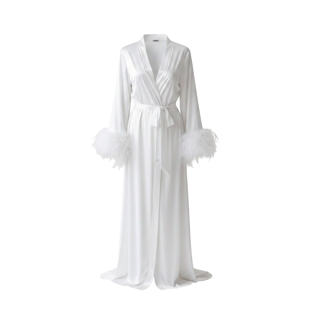 Kimono Satin Femme Plumes Traîne Blanc Luxe | Le Monde du Peignoir