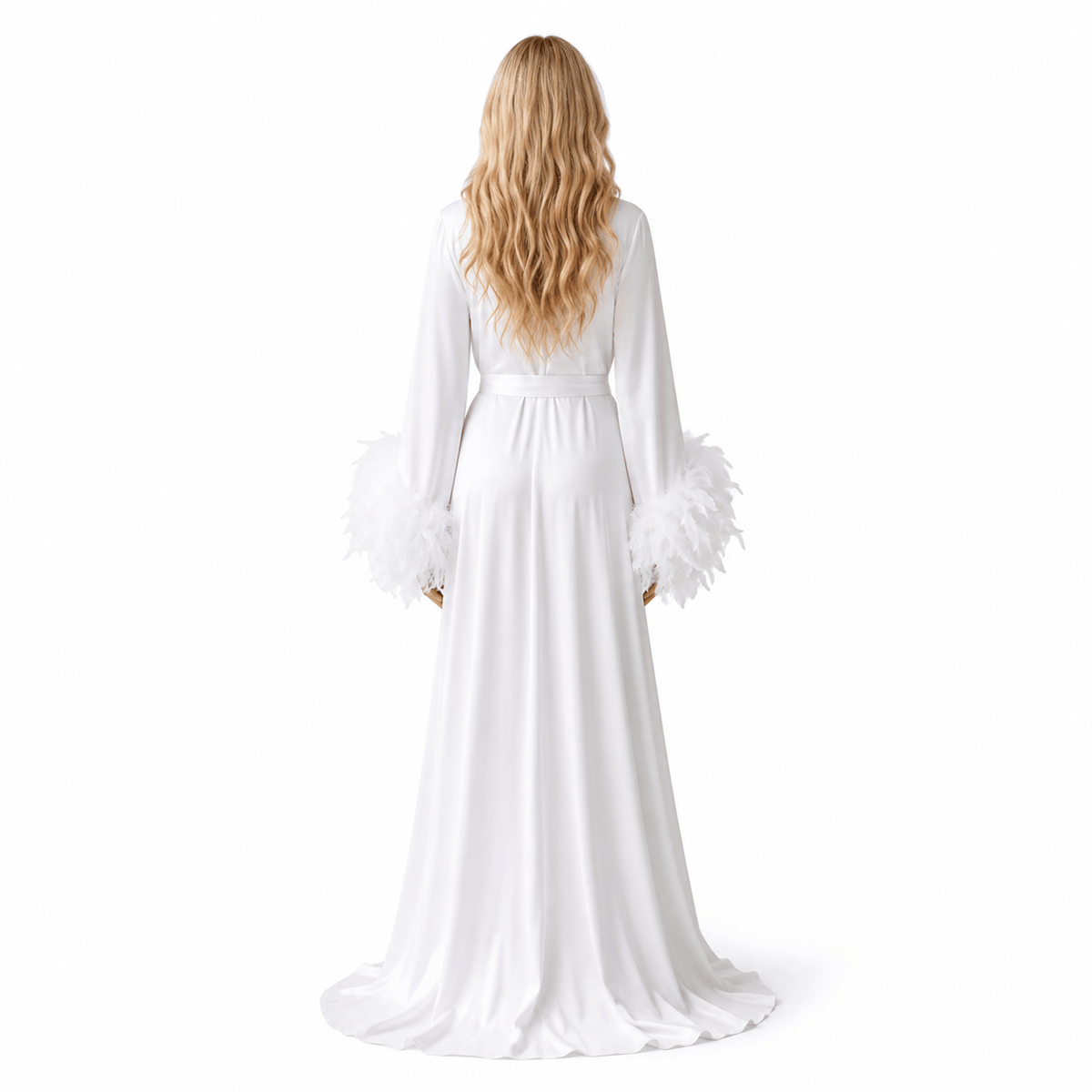 Kimono Satin Femme Plumes Traîne Blanc Luxe | Le Monde du Peignoir