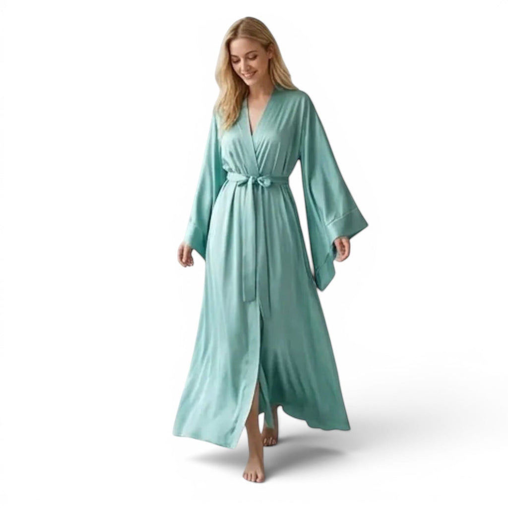 Kimono Satin Femme Turquoise Long Artisanal | Le Monde du Peignoir