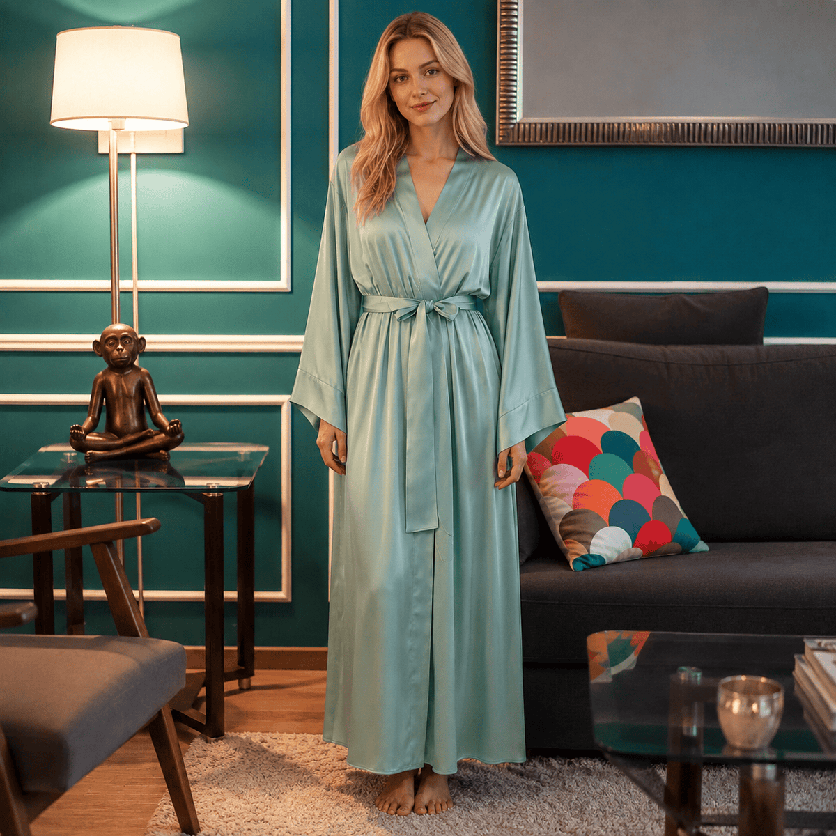 Kimono Satin Femme Turquoise Long Artisanal | Le Monde du Peignoir