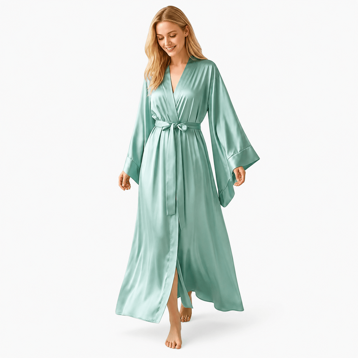 Kimono Satin Femme Turquoise Long Artisanal | Le Monde du Peignoir