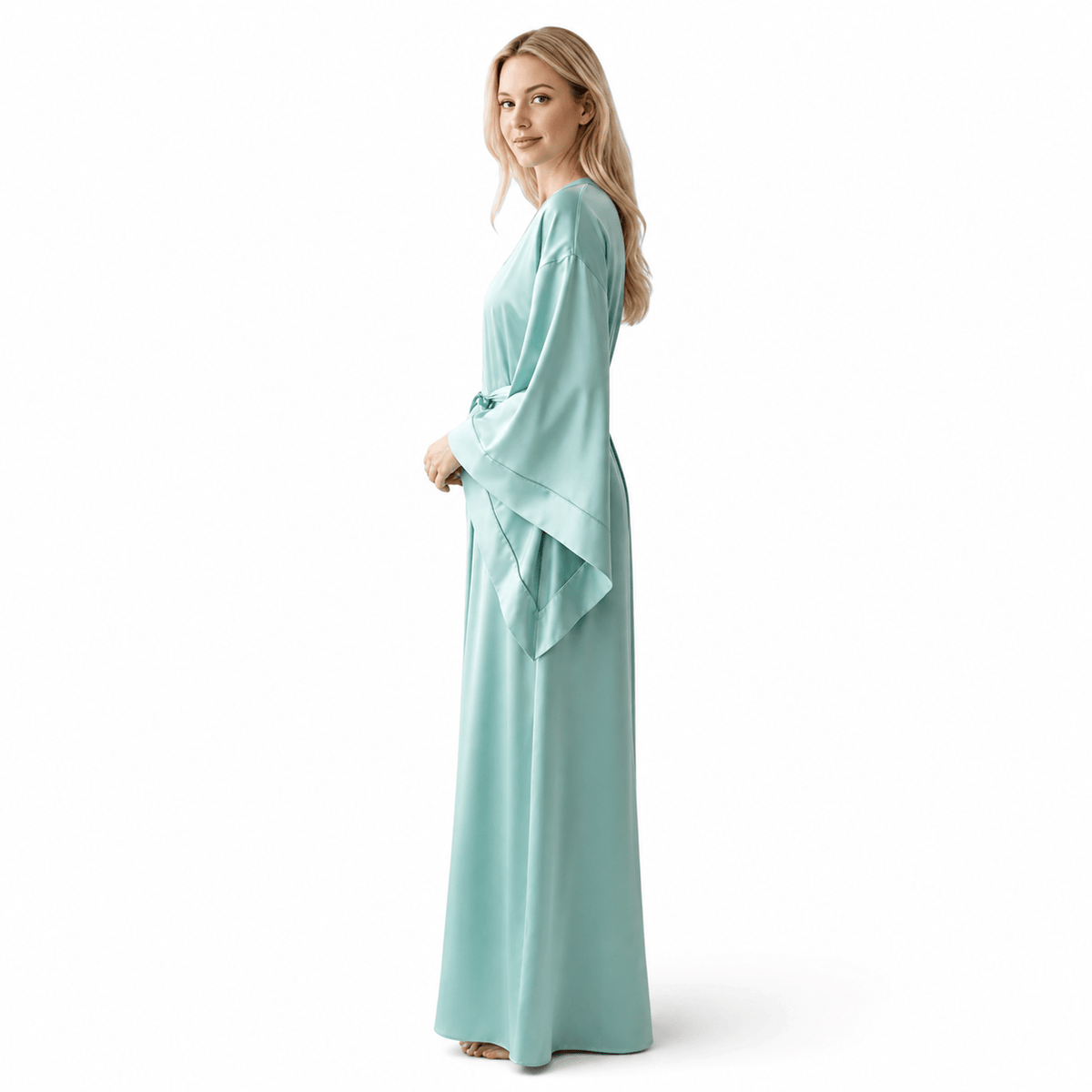 Kimono Satin Femme Turquoise Long Artisanal | Le Monde du Peignoir