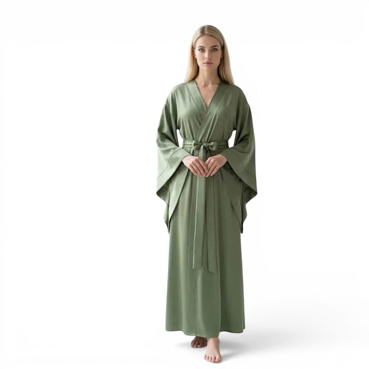 Kimono Satin Femme Vert Olive Long | Le Monde du Peignoir