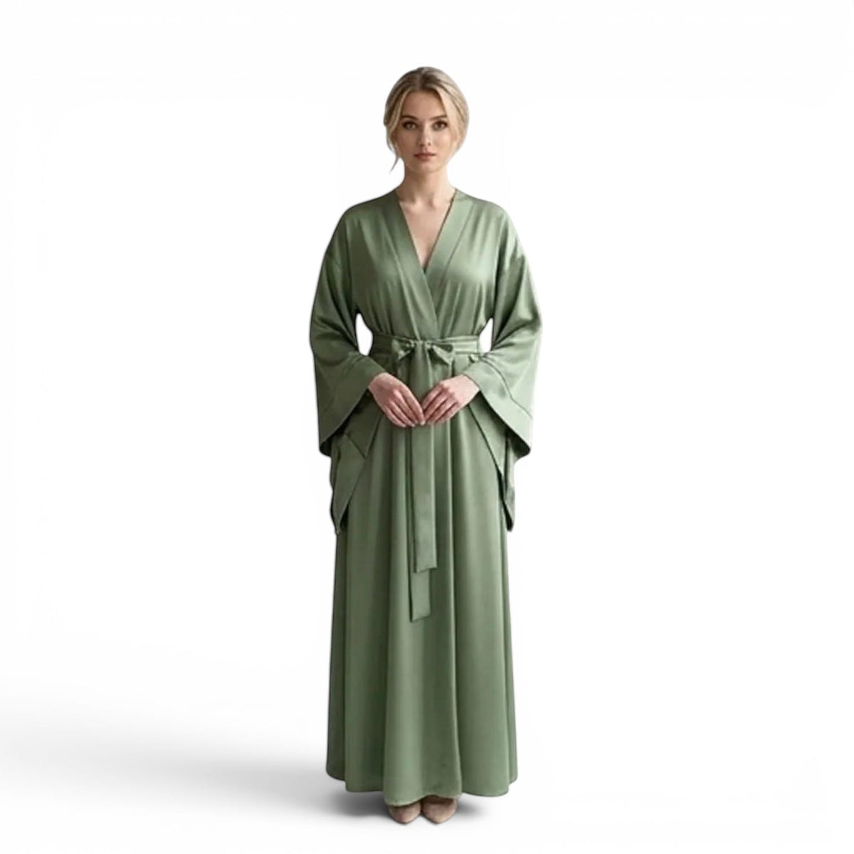 Kimono Satin Femme Vert Olive Long | Le Monde du Peignoir