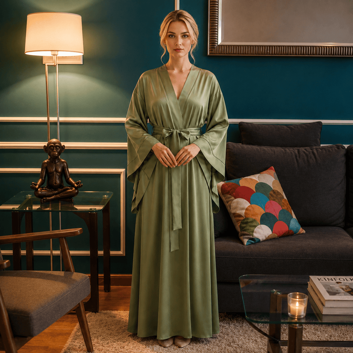 Kimono Satin Femme Vert Olive Long | Le Monde du Peignoir