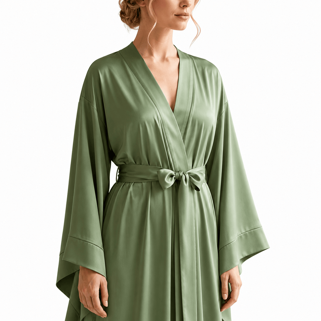 Kimono Satin Femme Vert Olive Long | Le Monde du Peignoir