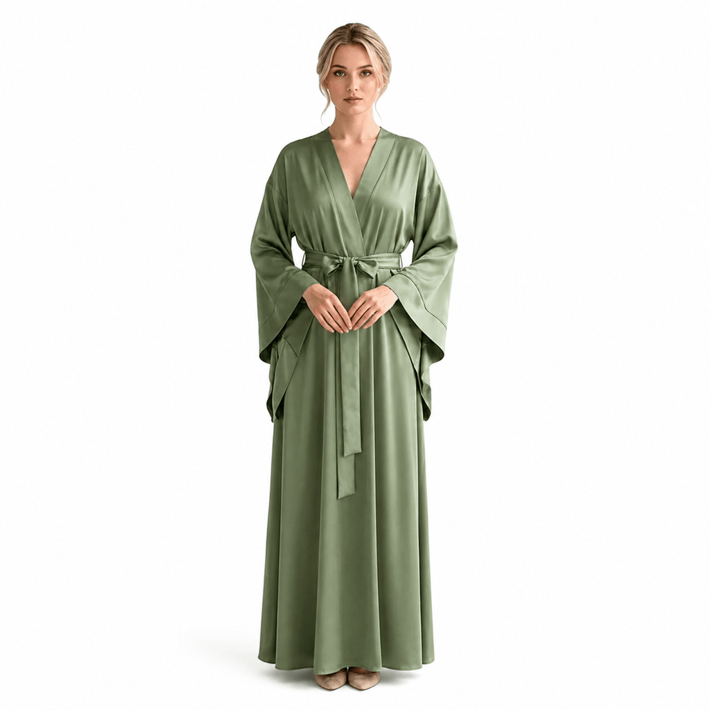 Kimono Satin Femme Vert Olive Long | Le Monde du Peignoir