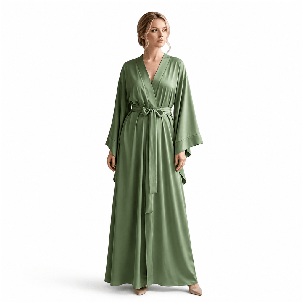 Kimono Satin Femme Vert Olive Long | Le Monde du Peignoir