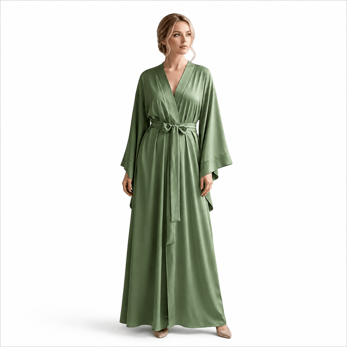 Kimono Satin Femme Vert Olive Long | Le Monde du Peignoir