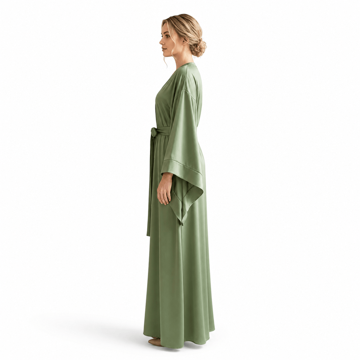 Kimono Satin Femme Vert Olive Long | Le Monde du Peignoir
