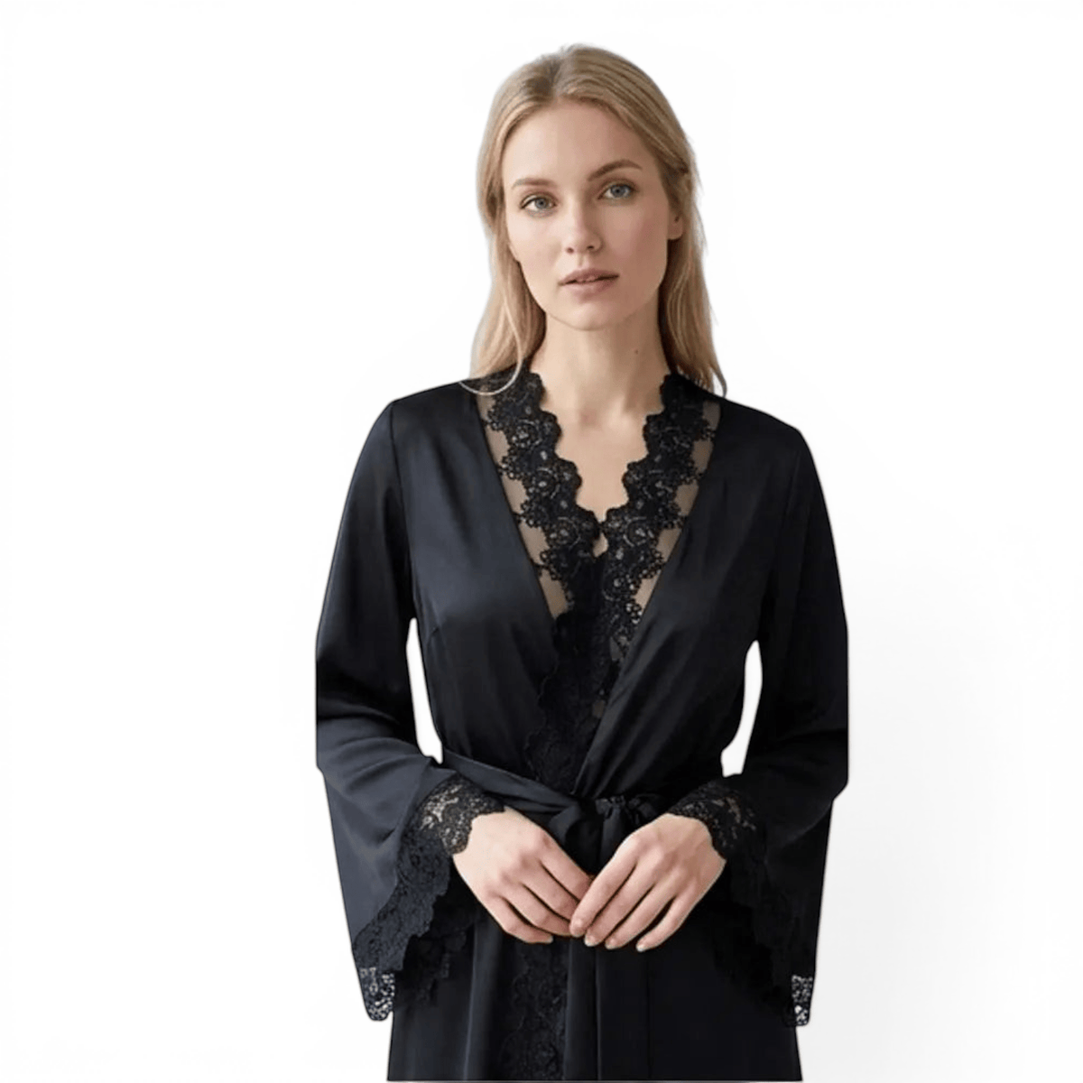 Kimono Satin Noir Femme Dentelle Manches Longues | Le Monde du Peignoir