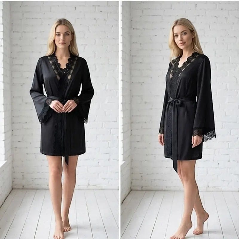 Kimono Satin Noir Femme Dentelle Manches Longues | Le Monde du Peignoir