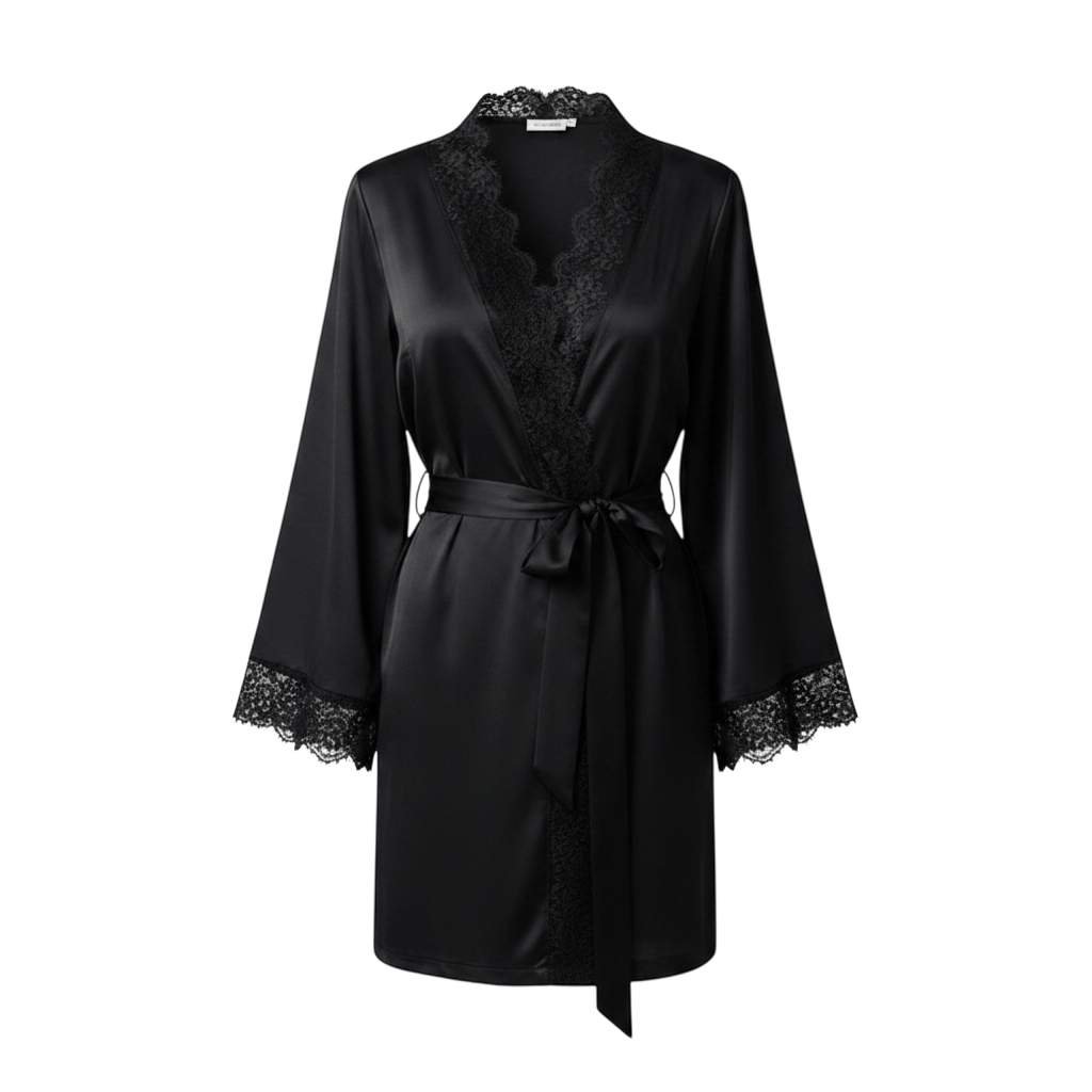 Kimono Satin Noir Femme Dentelle Manches Longues | Le Monde du Peignoir