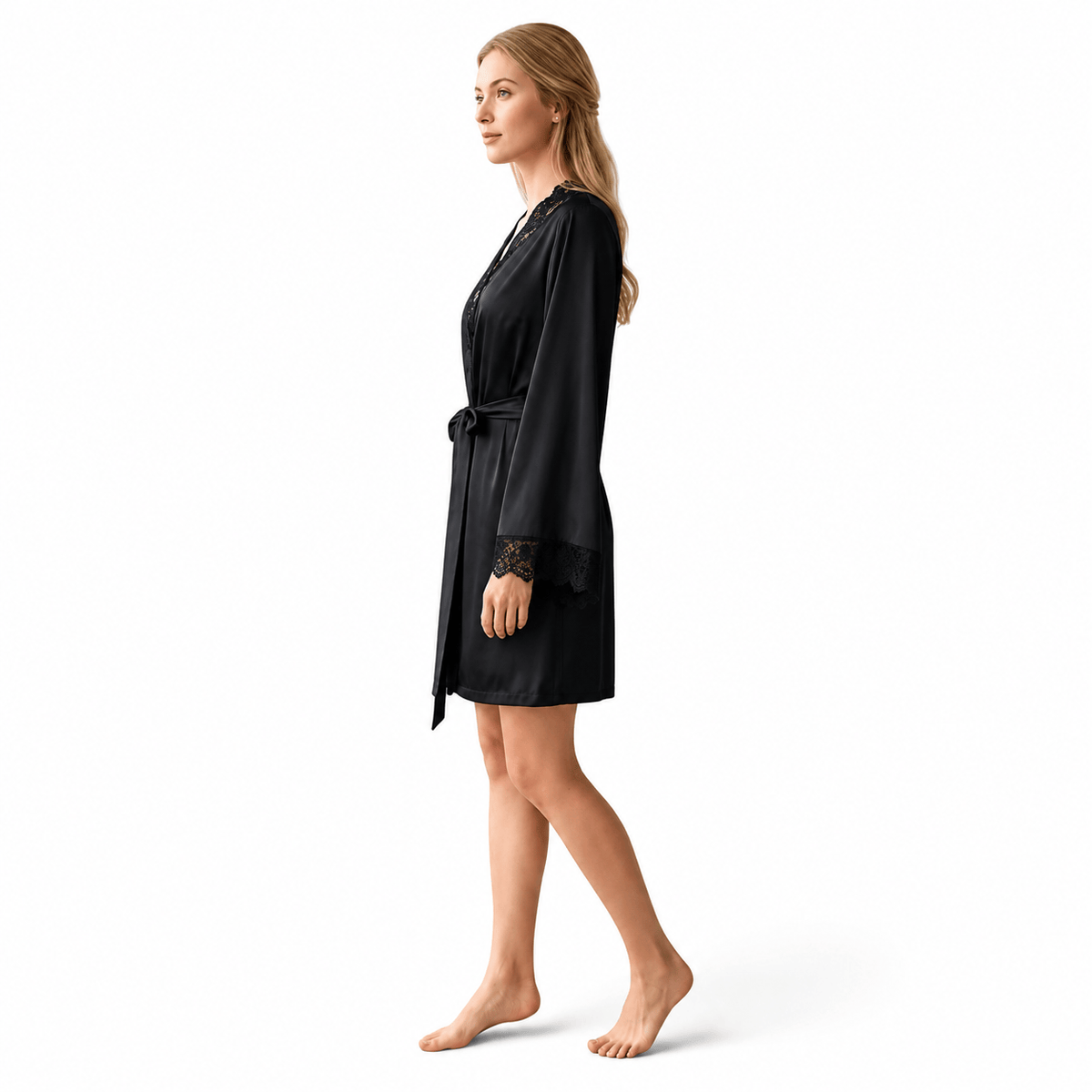Kimono Satin Noir Femme Dentelle Manches Longues | Le Monde du Peignoir