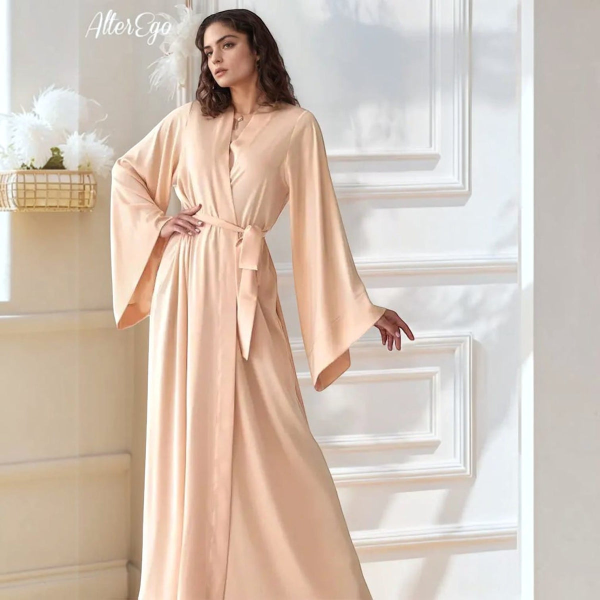 Kimono Soie Satin Femme Beige Longueur Sol | Le Monde du Peignoir