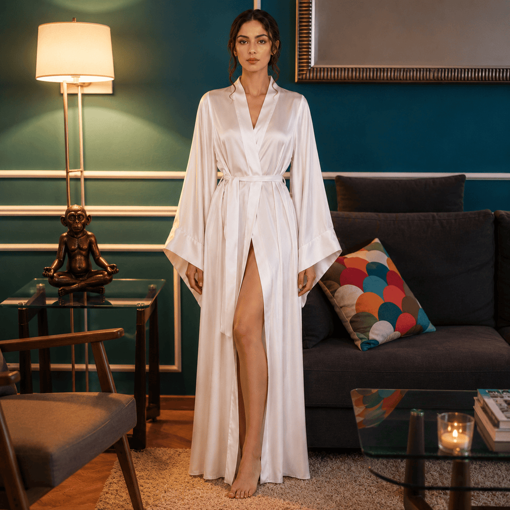 Kimono Soie Satin Femme Beige Longueur Sol | Le Monde du Peignoir