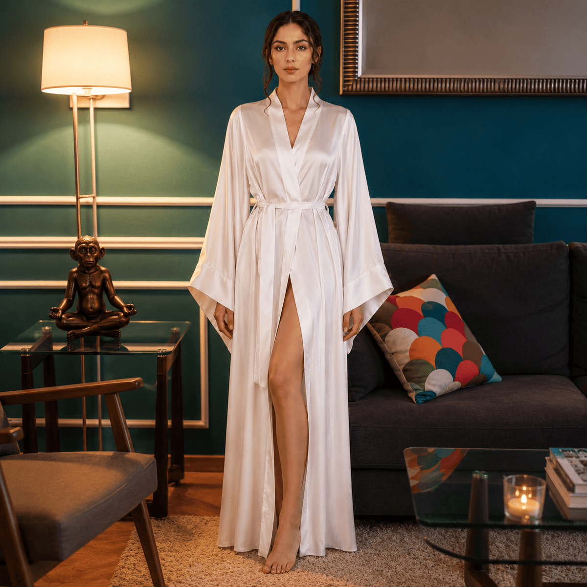 Kimono Soie Satin Femme Beige Longueur Sol | Le Monde du Peignoir