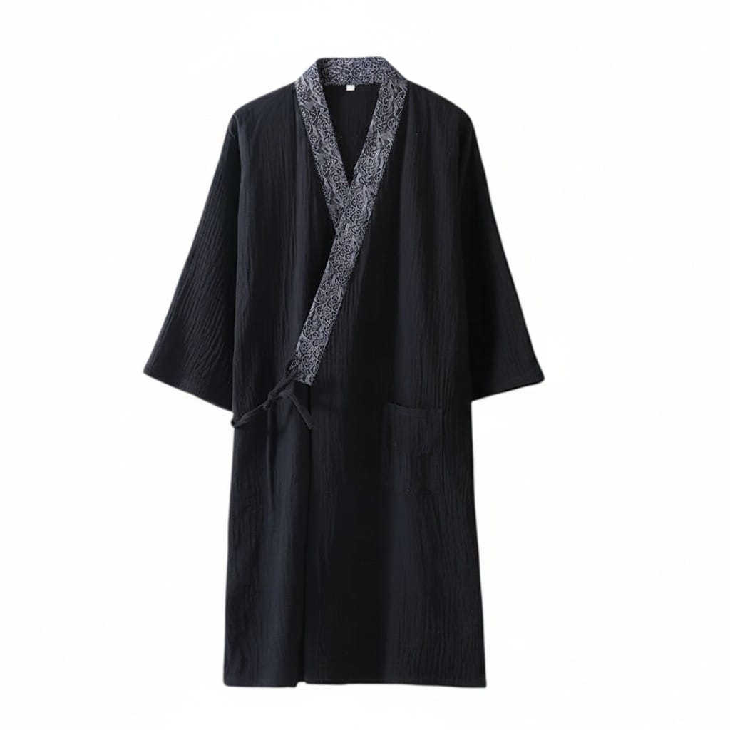 Le Monde du Peignoir black cotton mi-long kimono with blue patterned collar and tie closure.