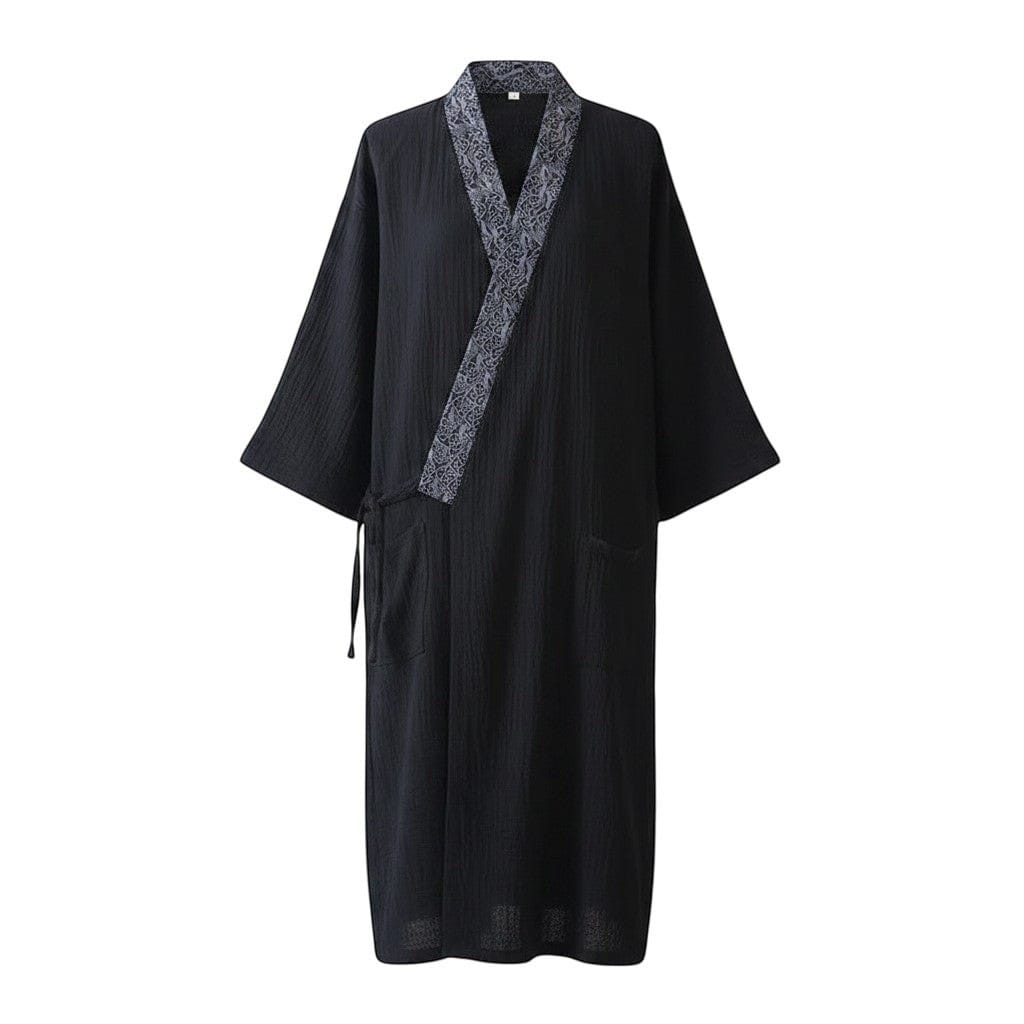 Le Monde du Peignoir black cotton kimono with grey patterned collar and tie closure. Mid-length, comfortable, unisex design.