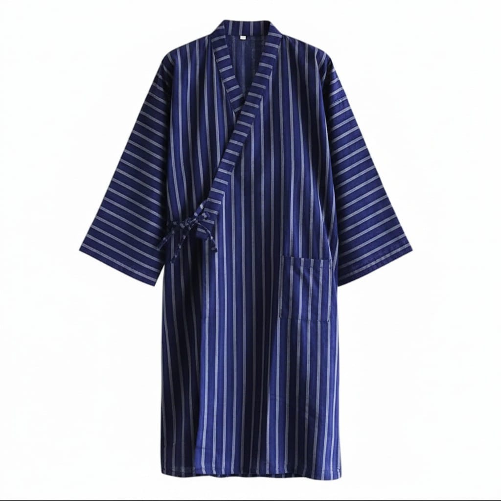 Le Monde du Peignoir navy blue and white striped double-layer cotton Japanese kimono with V-neck and tie closure.
