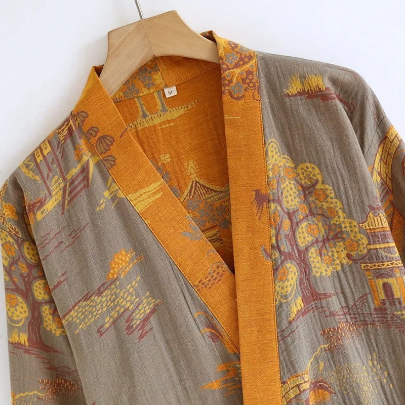Le Monde du Peignoir men's grey and orange jacquard woven cotton kimono with Japanese landscape print.