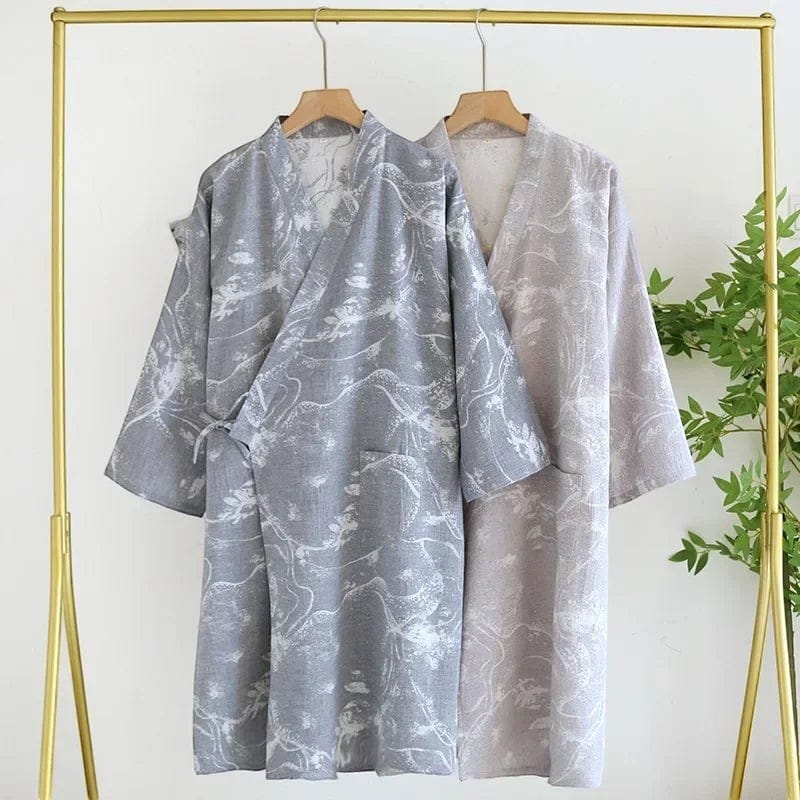Le Monde du Peignoir grey and beige jacquard cotton Japanese kimono with a floral pattern, tie closure, and pockets.