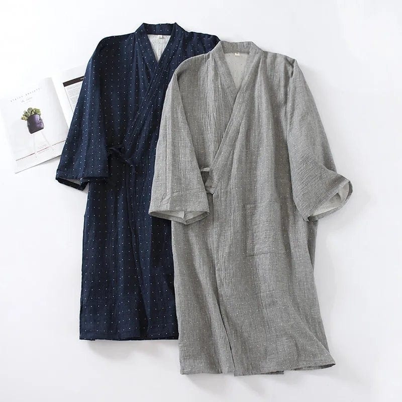 Le Monde du Peignoir men's lightweight cotton kimono robe in navy with white polka dots and grey with white speckles. Oversize fit, Japanese style.