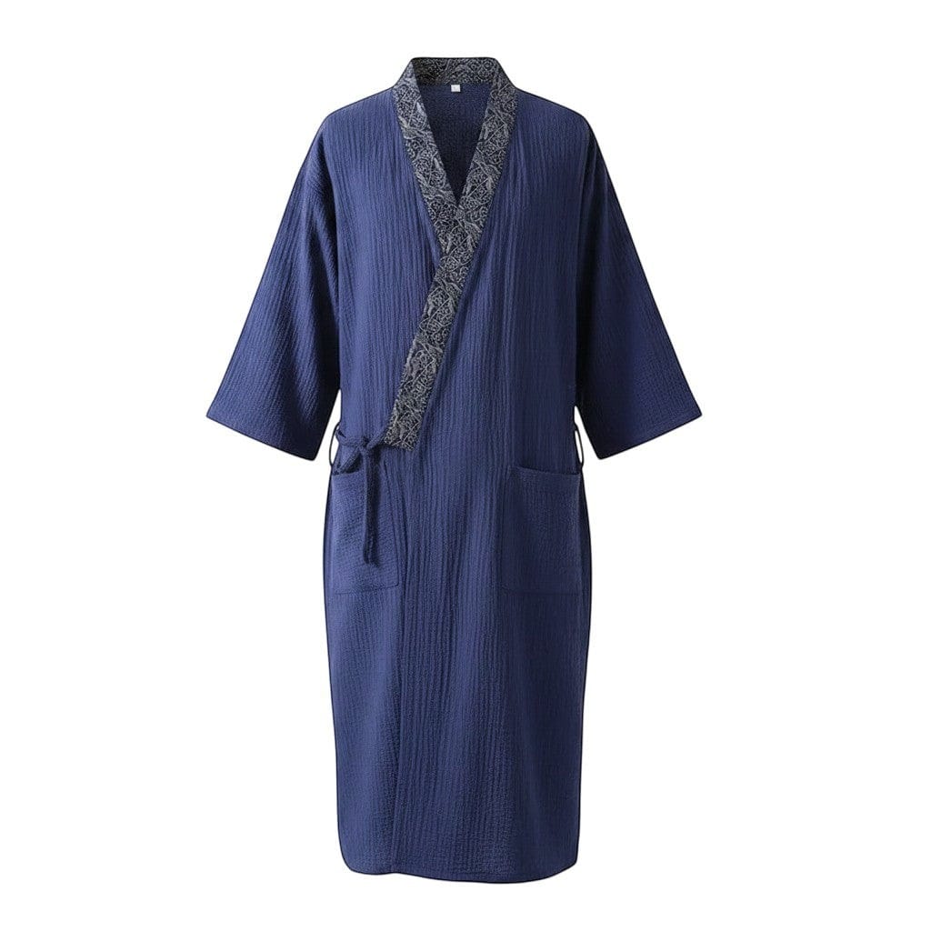 Le Monde du Peignoir navy blue cotton kimono robe with patterned collar and tie waist. Mid-length, comfortable, unisex design.